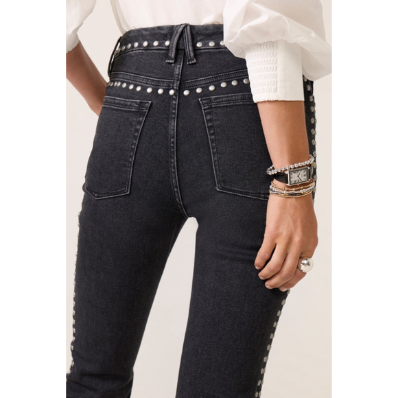 Women's GOOD AMERICAN Black Studded Straight Leg Jeans Size 2 - Picture 2 of 9